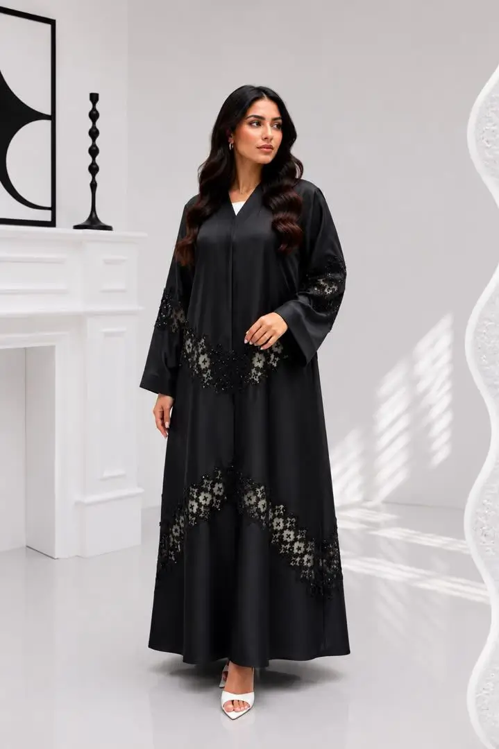 Women's Satin Abaya with Lace & Hand-Beading- Model MA 024