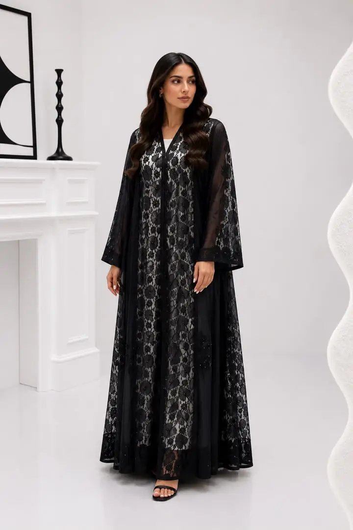 Women's Lace & Tulle Abaya with Lace & Stones- Model MA 019