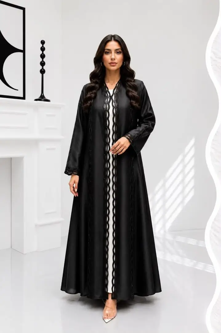 Women's Satin Abaya with Lace , Stones & Beadwork- Model MA 039