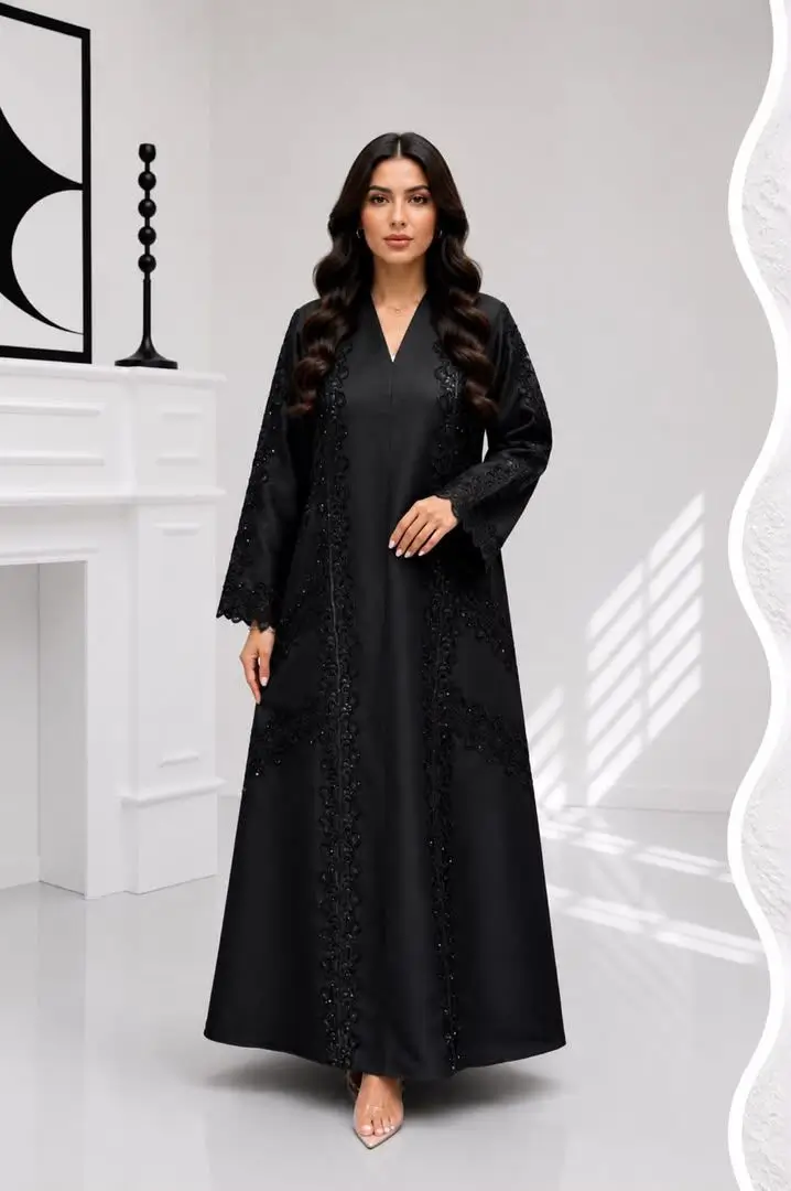 Women's Satin Abaya with Lace & Beadwork - Model MA 033